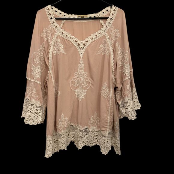 Democracy Pale Pink and Cream Lace Embroidered Boho 3/4 Bell Sleeve Blouse 2X - Picture 1 of 7